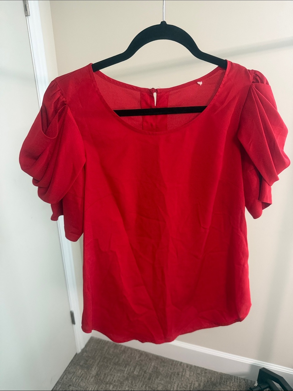 Red Puff Sleeve Scoop Neck Blouse